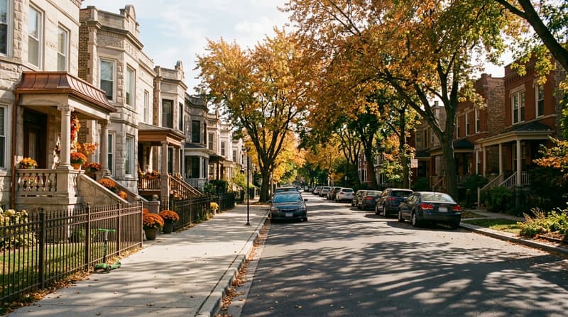 Logan Square, Chicago, IL, illustrative neighborhood scene